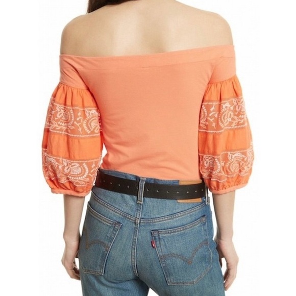 Free People Rock with It Tangerine Off Shoulder Puff Sleeve Top - PRICE DROP - Picture 2 of 8